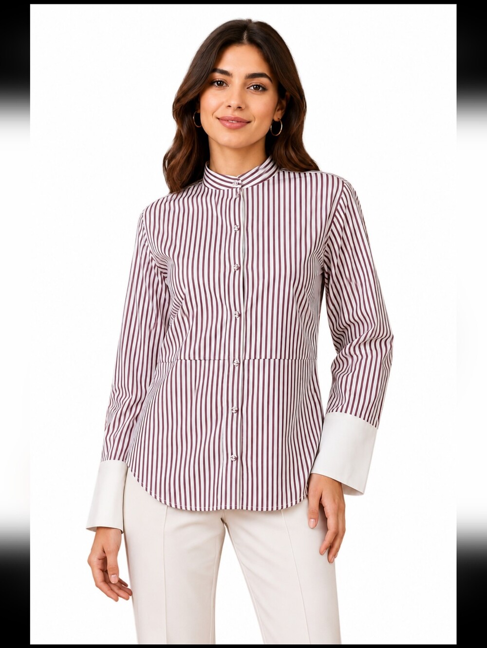 Victoria Beckham  Burgundy white striped Size 0 cotton shirt mandarin Collar #W8